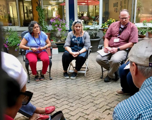 RISC Garden Terrace: A Thing of Beauty is a Joy Forever Lisa Fernandez (C) convenes Senior Garden Group. Louella Streitz and RIOC's Steve Noone were on hand to assist.
